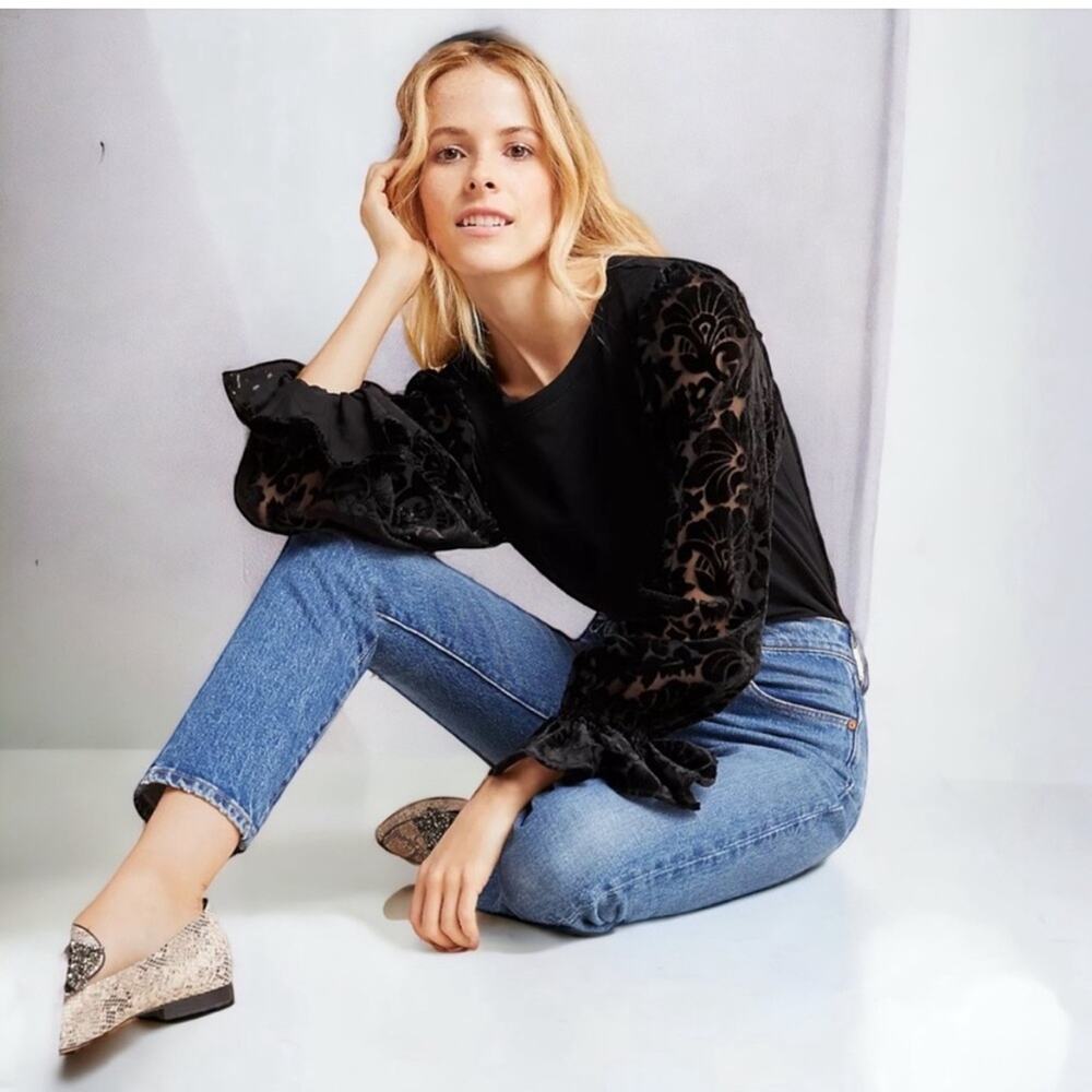 Anthropologie Eri + Ali Elisha Puff-Sleeved Velvet Burnout Top Small EUC